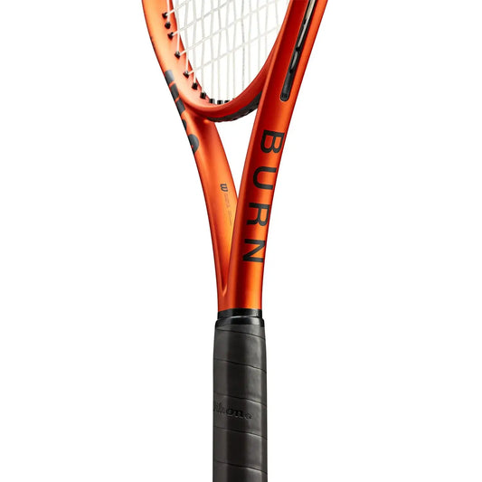 Wilson Burn 100 ULS V5.0 tennis racket showcasing its lightweight design and Spin Effect Technology string pattern.