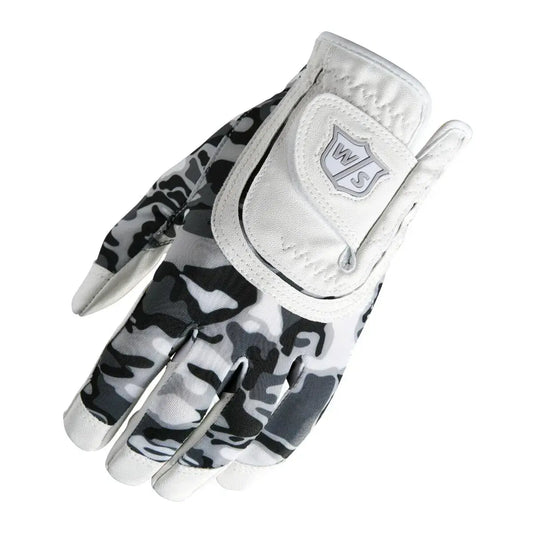 Wilson junior camo glove in black, grey, and white, designed for kids ages 7-11 with a universal fit.