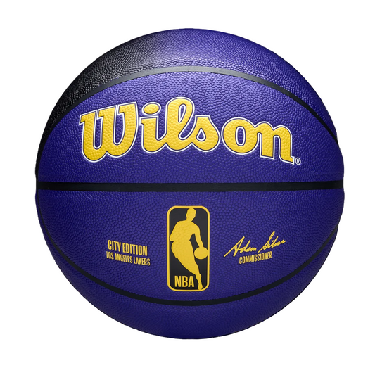 Purple basketball with Wilson, NBA, and Los Angeles Lakers logos on a white background