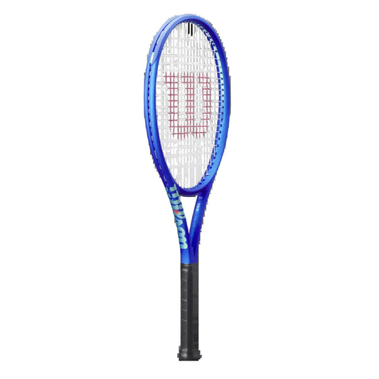 Wilson Ultra 100 300G V5 racket, showcasing its vibrant blue design and innovative features for explosive power and versatility.