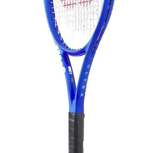 Wilson Ultra 100 300G V5 tennis racket showcasing bold blue design and unstrung head for powerful performance.