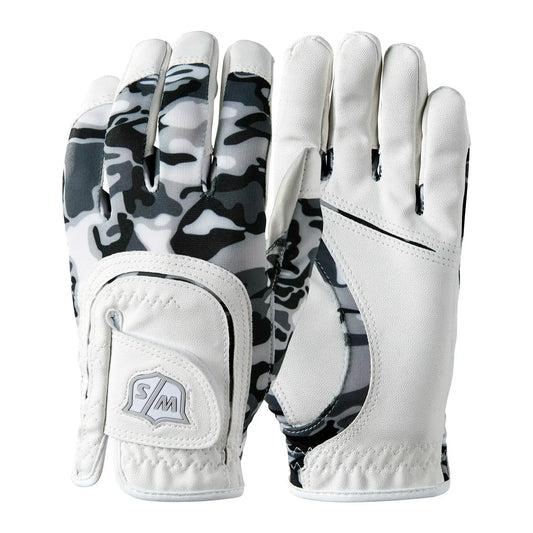 Wilson junior fit all black/grey/white camo glove for kids age 7-11, designed for comfort and lasting grip.