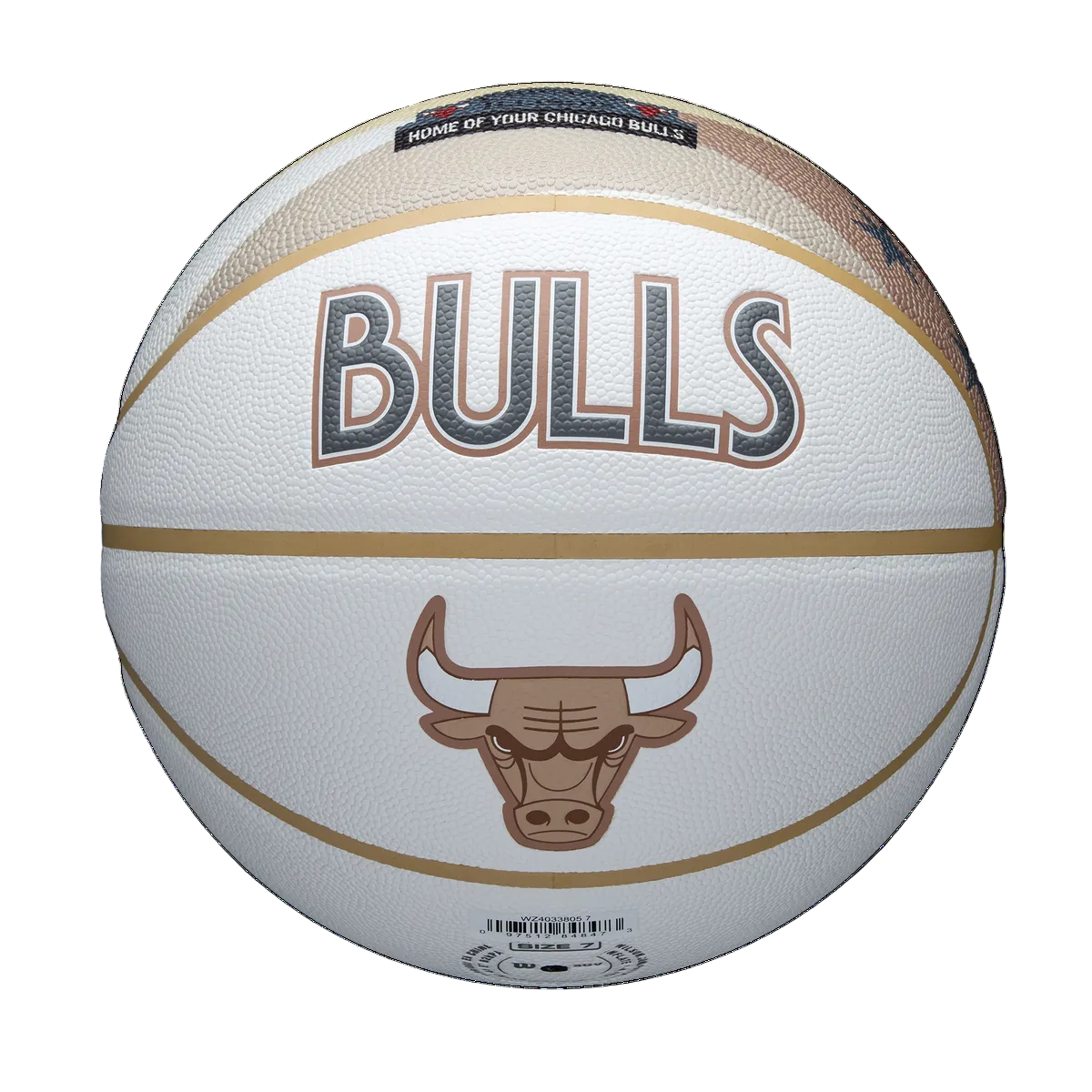 Basketball with 'Bulls' and bull logo on a white background