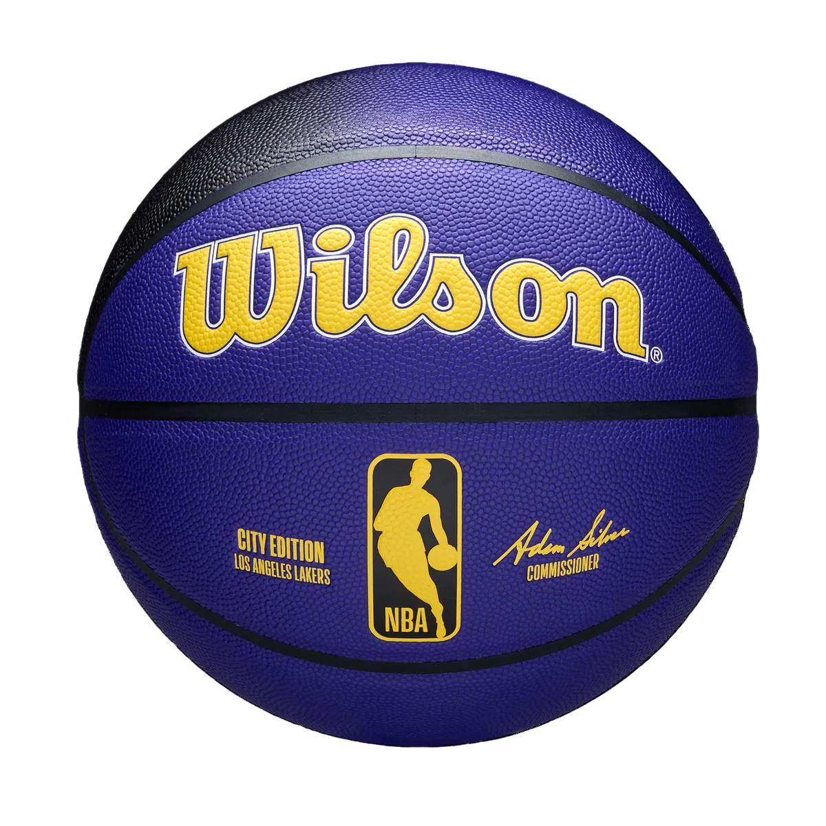 Purple basketball with Wilson, NBA, and Los Angeles Lakers logos on a white background